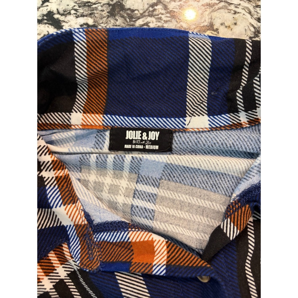 Jolie & Joy Plaid Button Down Shirt Blue Orange Black Cropped Flannel Style Med